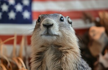 Patriotic Groundhog Posing with American Flag in Background