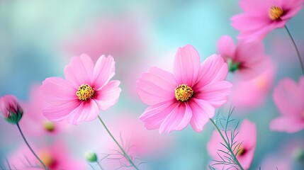 Obraz premium Creative arrangement of blooming pink field flowers on a soft pastel blue backdrop, symbolizing spring freshness.