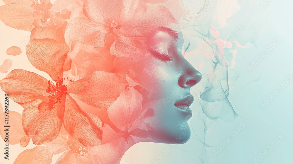 Poster abstract representation of femininity with floral elements and soft color palette
