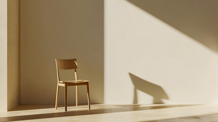minimalist wooden chair in soft pastel cream room, casting shadows on wall, creates serene and tranquil atmosphere