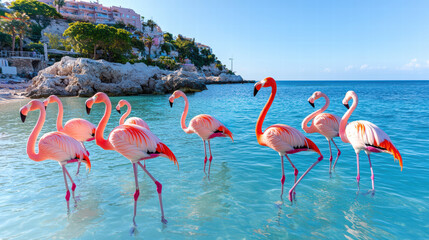 Obraz premium Flamingos standing in shallow water with a blank area of calm ripples and sky reflections, perfect for overlaying text, set against a tranquil sunset