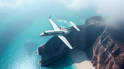 Naklejka premium Private Jet Soaring Above Coastal Cliffs: Serene Aerial Vista