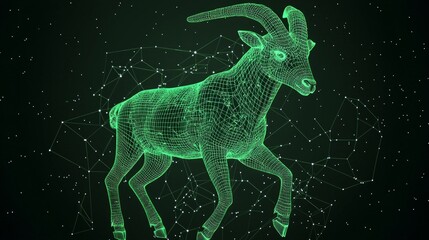 Celestial Capricorn: Ethereal 3D Wireframe Sea-Goat in Space