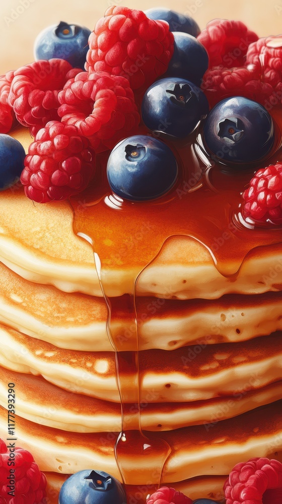 Poster Stack of fluffy pancakes topped with fresh raspberries and blueberries drizzled in syrup