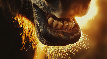 A striking image of a horse's mouth, focusing on the soft lips and unique dentition, with the sunlight creating a warm glow.