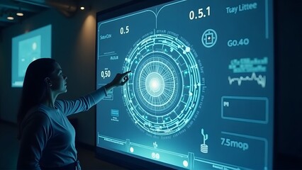 A woman interacts with a futuristic digital interface, featuring a glowing circular data visualization, high-tech graphics, and blue neon tones, symbolizing innovation and advanced technology.