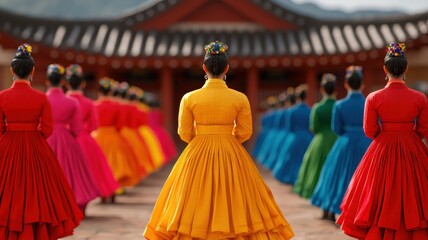Obraz premium Pride in cultural heritage and traditional identity. Colorful traditional dresses showcase a vibrant cultural celebration in a scenic outdoor setting.
