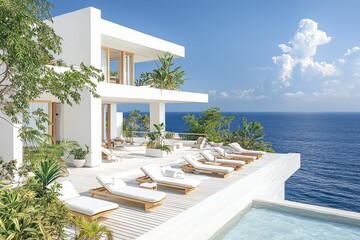 Fototapeta premium White cliffside villa with ocean-view deck, lounge chairs, pool, tropical plants, and blue sky