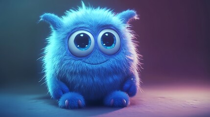 Fototapeta premium Adorable Blue Fluffy Monster with Big Eyes and Gradient Background Design