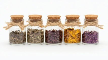 Three glass bottles filled with an assortment of dried herbs for culinary or decorative purposes