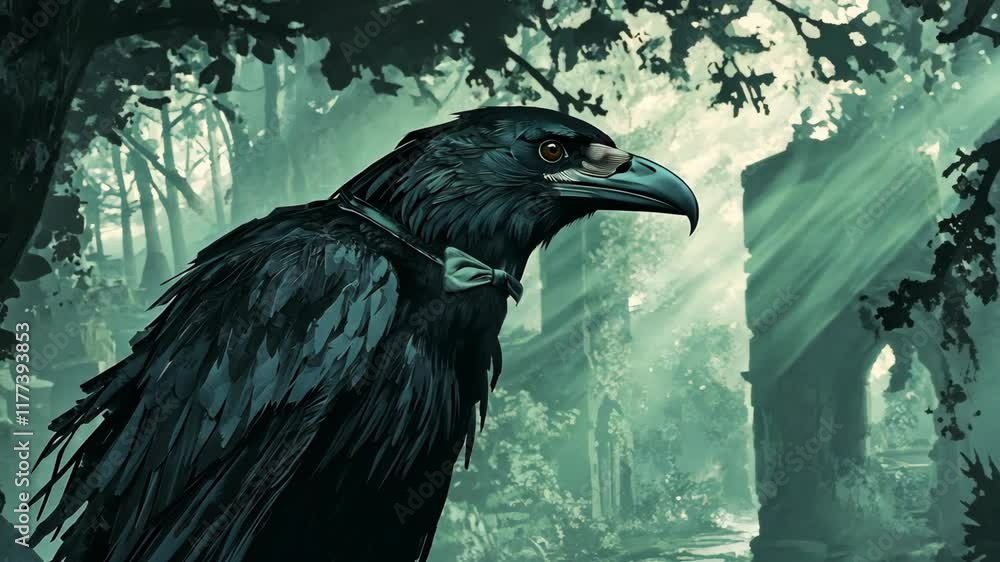 Aufkleber raven perched in a mystical forest illuminated by soft rays of light during the afternoon