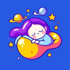 Obraz premium Dreamy Kawaii Woman Floating in Space with Stars and Planets in Vector Art Style