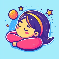 Kawaii Dreamer Woman in Flat Vector Style with Stars and Planet Background