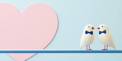 Valentine's day. Elegant lovebirds in bowties against pastel heart background