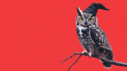 Obraz premium A striking owl wearing a little wizard hat, perched on a branch in front of a bright red background, with ample copy space at the bottom.