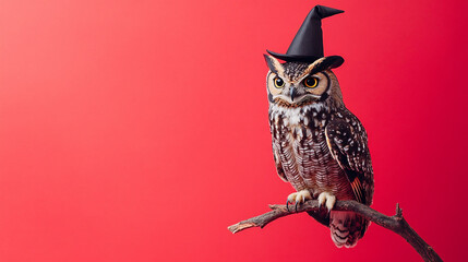 A striking owl wearing a little wizard hat, perched on a branch in front of a bright red background, with ample copy space at the bottom.