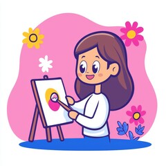 Obraz premium Kawaii Style Flat Vector Illustration of a Woman Painting with Flowers and Bright Colors