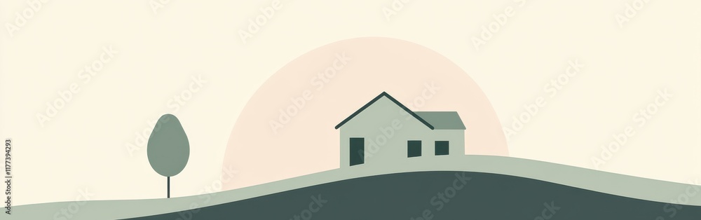 Aufkleber soft abstract silhouette of a house against a muted backdrop at sunrise with gentle hills and a tree