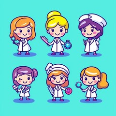 Cute Flat Vector Illustrations of Women in Various Medical Professions and Kawaii Style