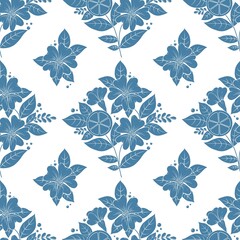 Seamless pattern with monochrome blue slices of lemon, flowers and leaves on a white background. Perfect for textile, fabric, wrapping, home decorating, backdrop, packaging of food or beauty products