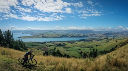 Fototapeta premium Cyclist resting and enjoying breathtaking views at the top of a hill during a sunny day in the countryside