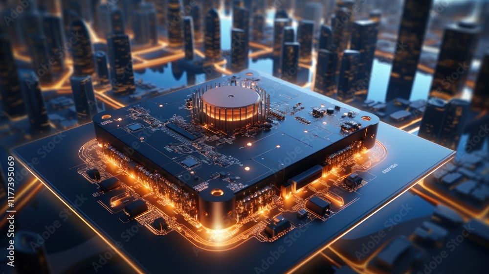 Poster futuristic cityscape microchip: a technological marvel representing the convergence of urban develop