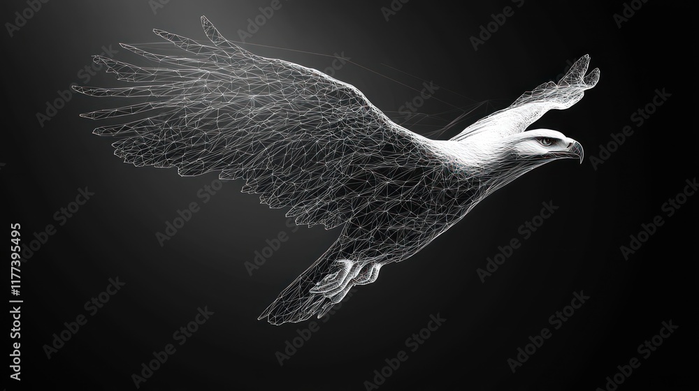 Aufkleber a stylized, wireframe representation of an eagle in flight against a dark background.
