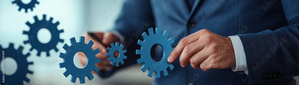 Poster a professional individual is adjusting interlocking gears, symbolizing teamwork and collaboration in