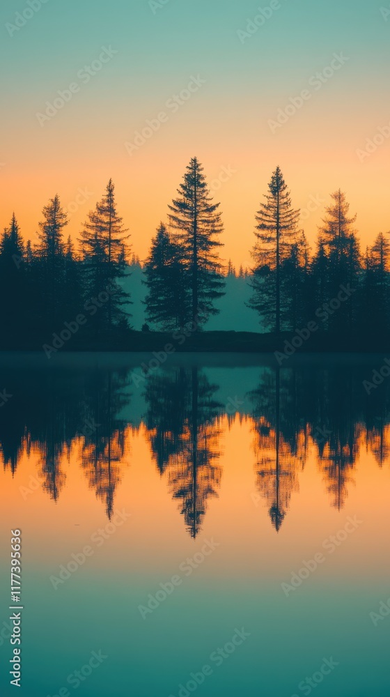 Poster golden hour reflection on serene water with tall trees in the background near a calm lake