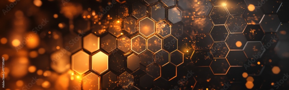 Poster geometric abstract background featuring hexagonal patterns with glowing elements in warm tones