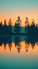 Obraz premium Golden hour reflection on serene water with tall trees in the background near a calm lake