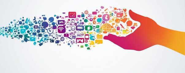 Obraz premium A hand making a signal gesture with vibrant social media icons floating around, symbolizing communication and connection