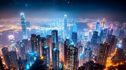 Fototapeta premium Panoramic view of towering city skyscrapers at night, with lights glowing softly, blurring into a starlit sky, creating a dreamy urban skyline