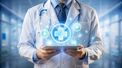 Male medicine doctor hold healthcare medical icons for the Health insurance concept in hospital background image