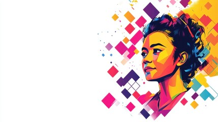 Vibrant Pop Art Portrait of a Young Woman with Geometric Background