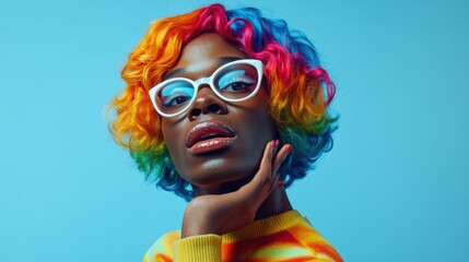 portrait of person with rainbow hair and white glasses