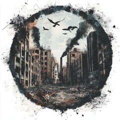 Destroyed City Digital Illustration Industrial Ruins Post Apocalyptic Abandoned