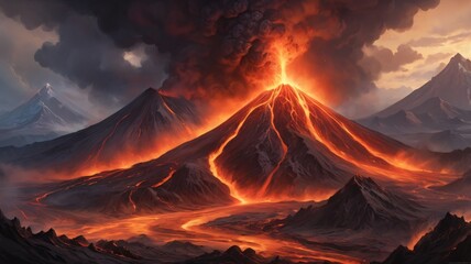 Erupting Volcano  Fiery Lava Flow  Dramatic Landscape