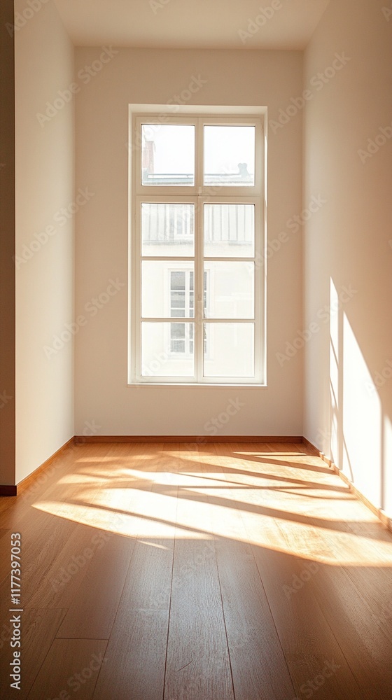 Poster bright sunlight streaming through white window frame casting dramatic diagonal shadows on wooden flo