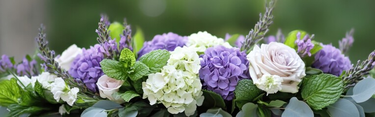 Elegant arrangement of lavender and mint flowers creating a soothing display in a natural setting