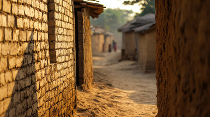 Obraz premium Quaint Village Built From Sun-Dried Clay Surrounded by Dusty Pathways and Nature