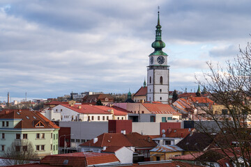 Fototapeta premium Trebic, Czech Republic - January 4, 2025: Cityscape. View of the Church of St. Martin.