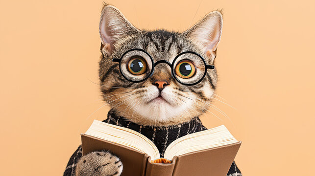 Cat wearing glasses and sweater holds book, looking studious