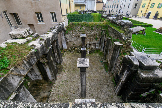 Ancient ruins of the Capitolium Roman Temple (Tempio Capitolino) in Brescia, Italy
