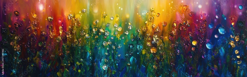 Poster vibrant garden with striking bokeh effect showcasing colorful droplets at dusk