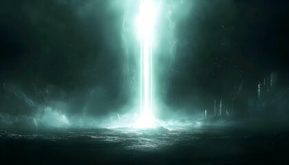 Obraz premium Ethereal light beam descends onto a dark, mysterious landscape, futuristic city skyline in the distance, creating a captivating science fiction scene.