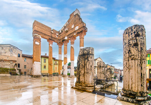 Ancient ruins of the Capitolium Roman Temple (Tempio Capitolino) in Brescia, Italy