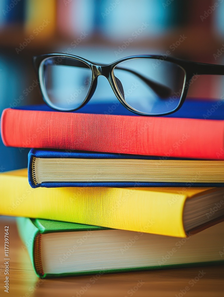 Poster stack of colorful books with reading glasses resting on top in a cozy study environment