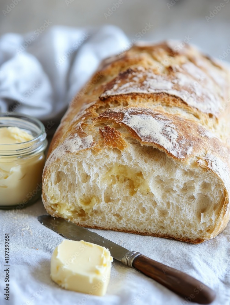 Poster rustic sourdough loaf with butter on a wooden table, offering a warm and inviting baking experience