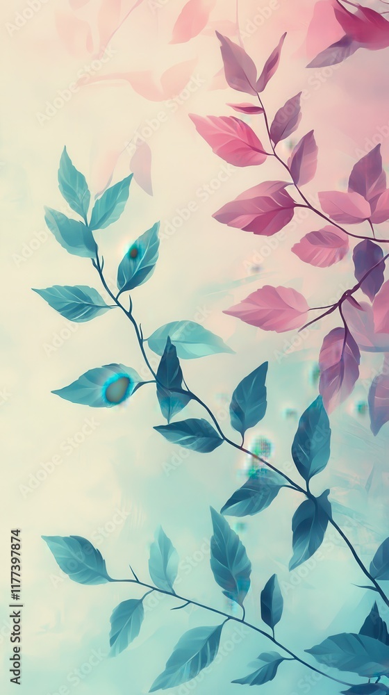 Poster Branches with gradient leaves in soft pastel hues create a tranquil atmosphere in an artistic composition